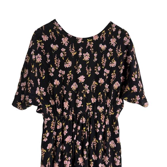 Les Reveries Black Floral Printed Short Sleeve A-Line Silk Midi Dress Size 4 - Picture 7 of 14